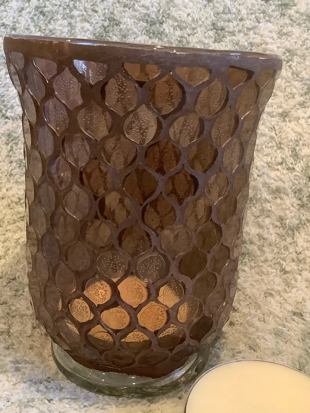 Brown Glass Moroccan Bohemian Romantic Candle Hurricane with 2 xl votives NWT